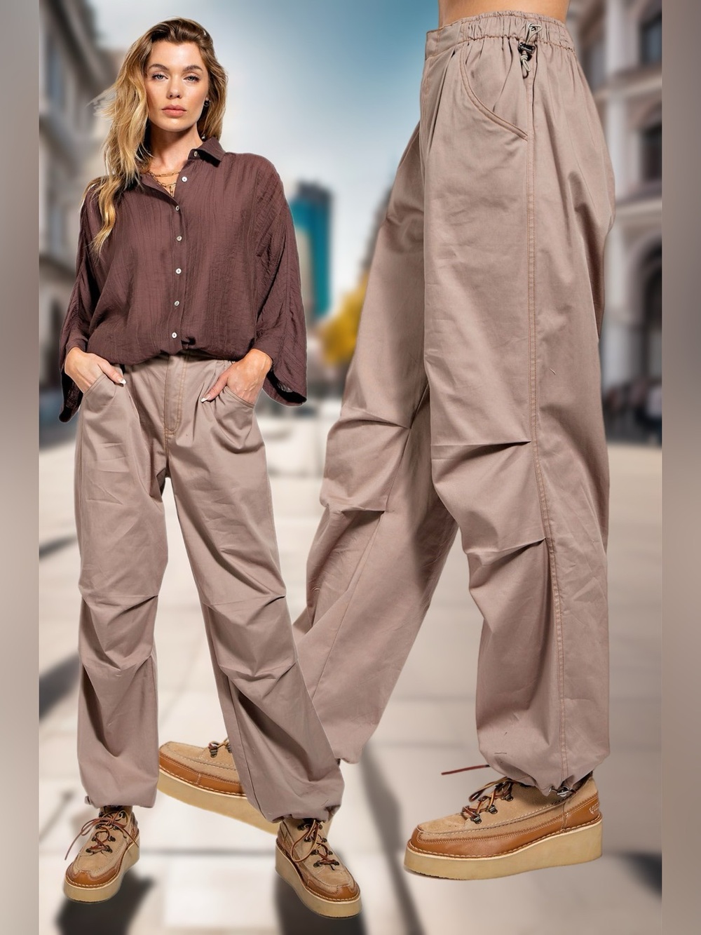 Easel Piper Slouchy Toggle Hem Parachute Pants Toasted Taupe Brown Tan New Small